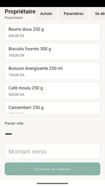 L'écran de caisse du téléphone : la liste des articles, le panier et le total à payer.