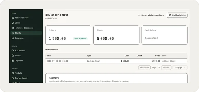 La fiche d'un client : la dette, le plafond de crédit et l'historique des mouvements du carnet.